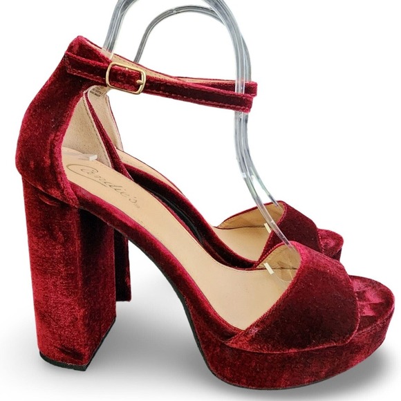 Candies Shoes - CANDIES Size 8.5 Red Velour Ankle Strap High Chunky Heel Sandals